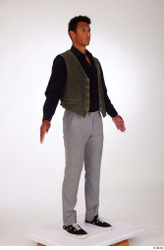 Whole Body Man Black Casual Shirt Trousers Vest Athletic Standing Studio photo references